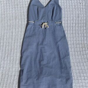 J. Crew Blue and White Striped Sleeveless Midi Dress with Rope Tie